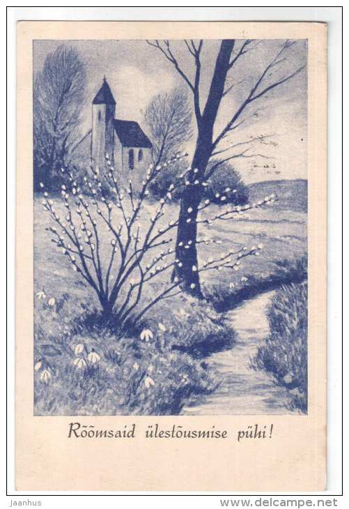 Easter greeting card - church - landscape - WO 512 - old postcard - circulated in Estonia 1930s - used - JH Postcards