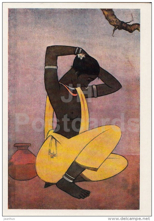 painting by Jamini Roy - 1 - Toilet - woman - contemporary art - art of india - unused - JH Postcards