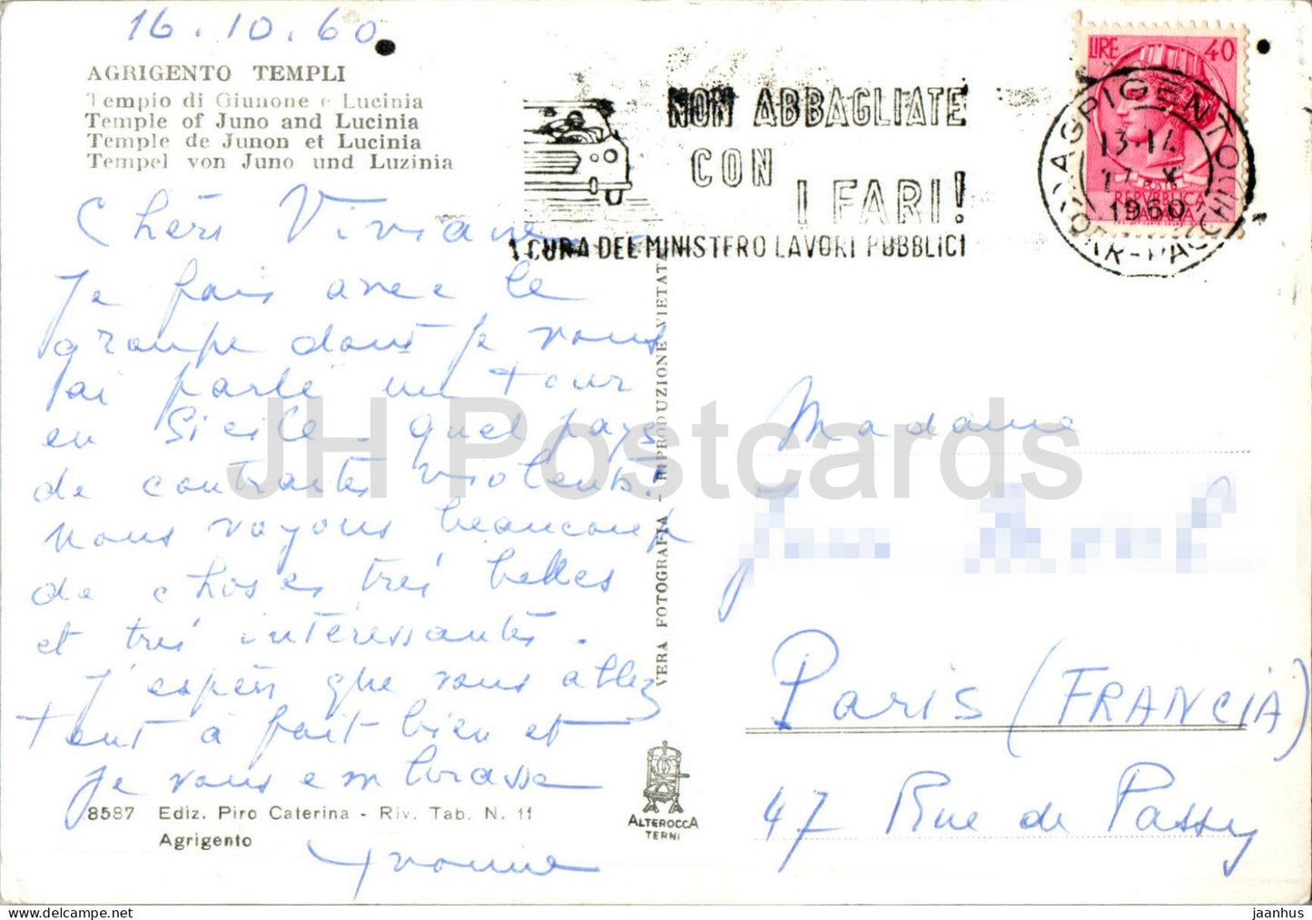 Agrigento Templi - Tempio di Giunone e Lucinia - Temple of Juno and Lucinia - ancient world - 8587 - 1960 - Italy - used