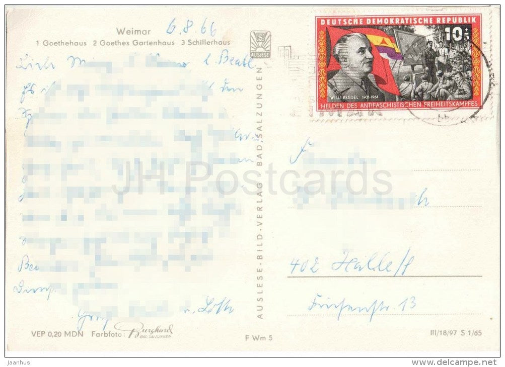 Weimar - Goethehaus - Goethes Gartenhaus - Schillerhaus - Germany - 1966 gelaufen - JH Postcards