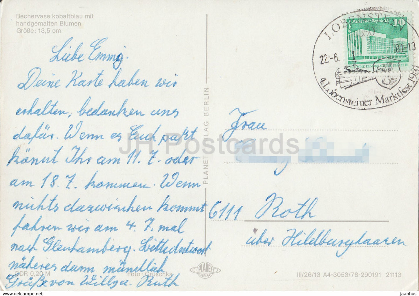 Bechervase kobaltblau mit handgemalten Blumen - 1981 - Allemagne DDR - occasion