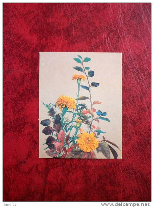 composition - yellow carnations -  flowers - mini card - 1983 - Russia - USSR - unused - JH Postcards