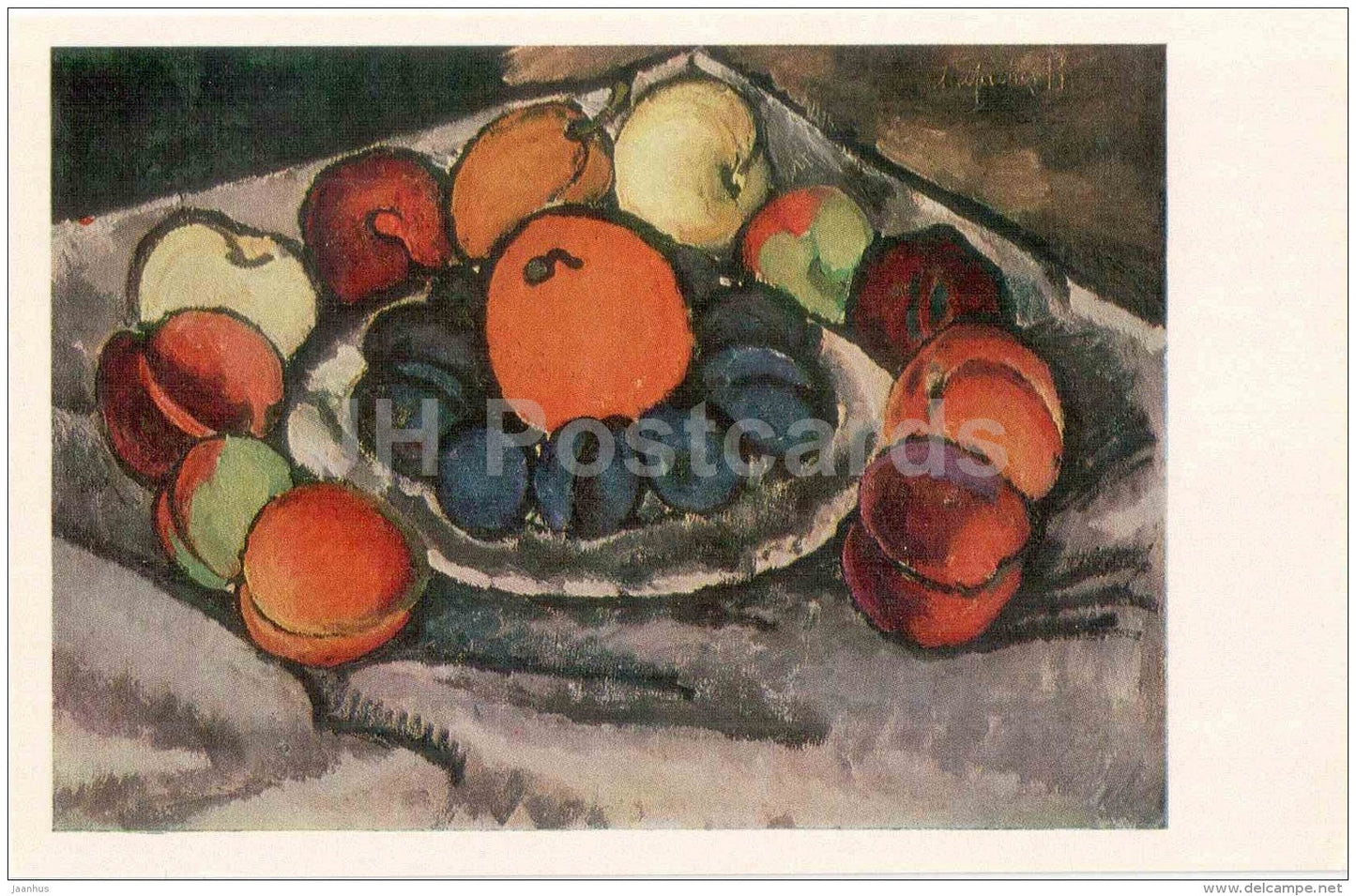 painting by Ilya Mashkov - Still Life , Purple Plums , 1910 - Tretyakov Gallery - russian art - unused - JH Postcards