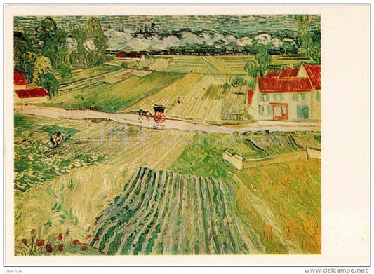 painting by Vincent van Gogh - Landscape with Carriage and Train , 1890 - dutch art - unused - JH Postcards