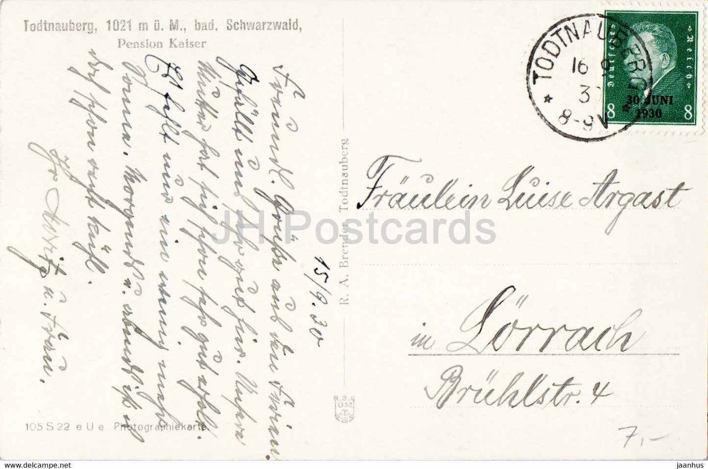 Todtnauberg 1021 m - Schwarzwald - Pension Kaiser - alte Postkarte - 1930 - Deutschland - gebraucht