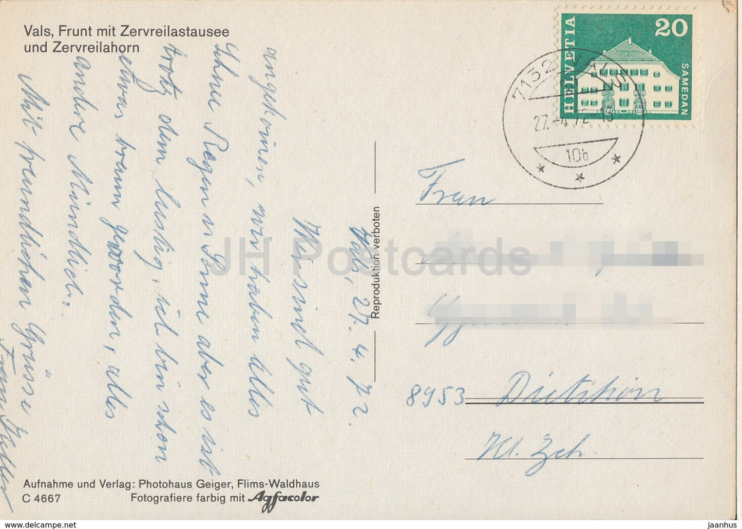 Vals - Frunt mit Zervreilastausee und Zervreilahorn - 1972 - Switzerland - used