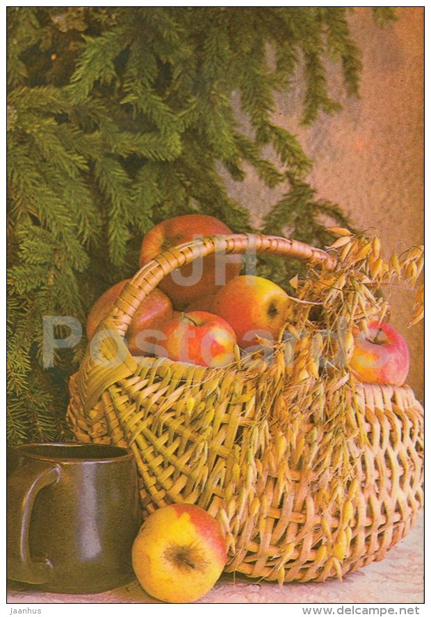 New Year Greeting card - 3 - apples - basket - cup - 1983 - Estonia USSR - used - JH Postcards