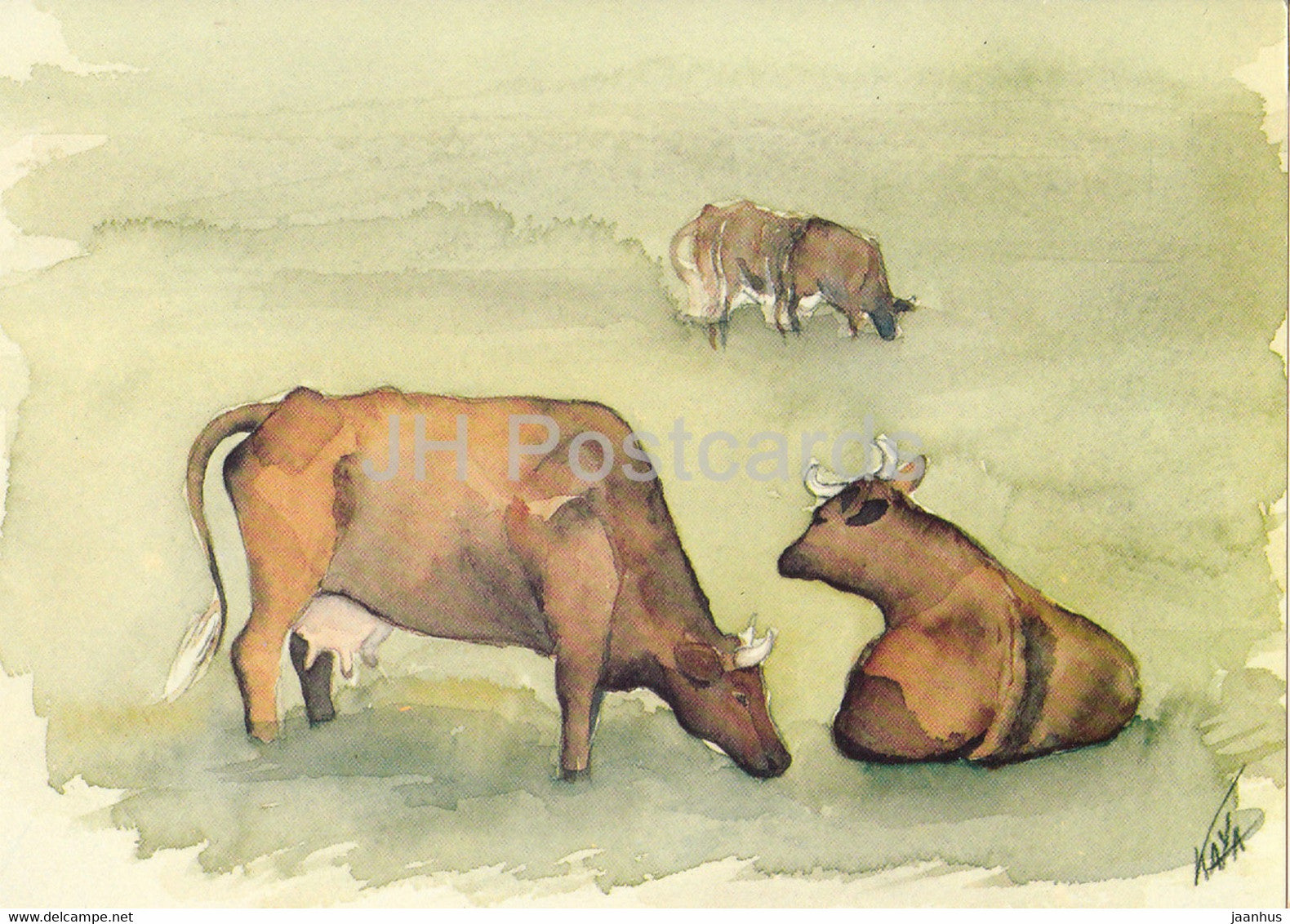 painting by Kaya Hansson - Kor - cow - animals - art  - unused - JH Postcards