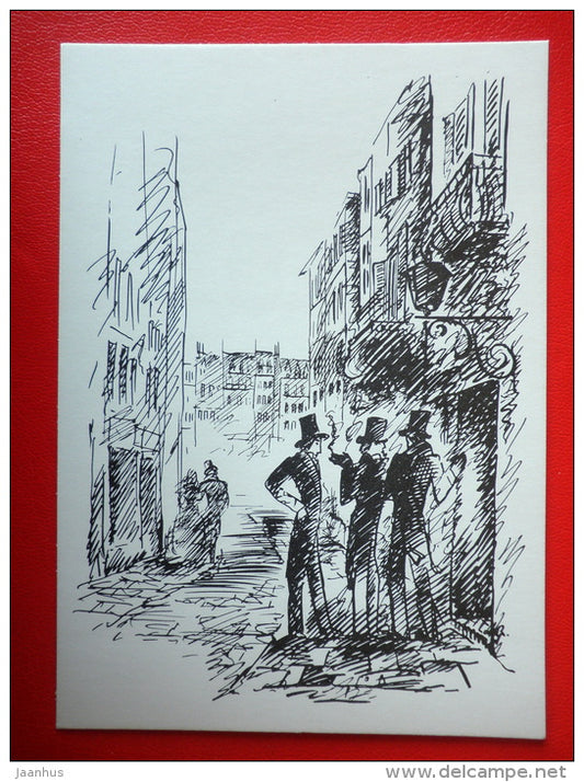 illustration by A. Kravchenko - Street - The Magic Skin - Novel by Honore de Balzac - 1975 - Russia USSR - unused - JH Postcards