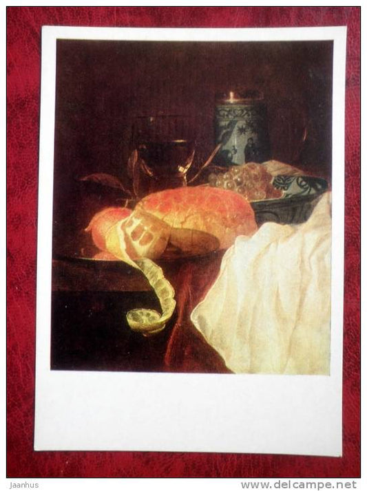 Painting by Juriaen van Streeck - still life with fruit bread and wine - art  - unused - JH Postcards