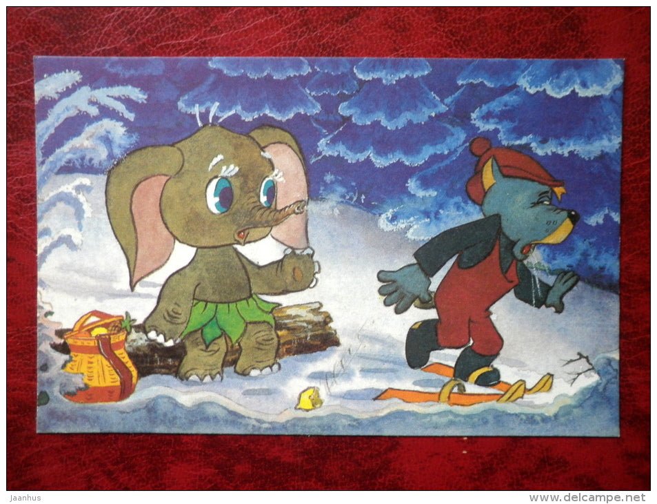 Come and Visit by L. L. Kayukov,  cartoon cards - elephant - wolf - Soyuzmultfilm - 1988 - Russia - USSR - unused - JH Postcards