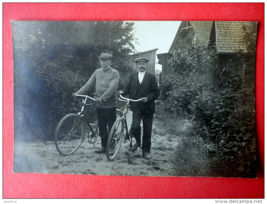 estonian men - bicycle - old photo postcard - Estonia - unused - JH Postcards