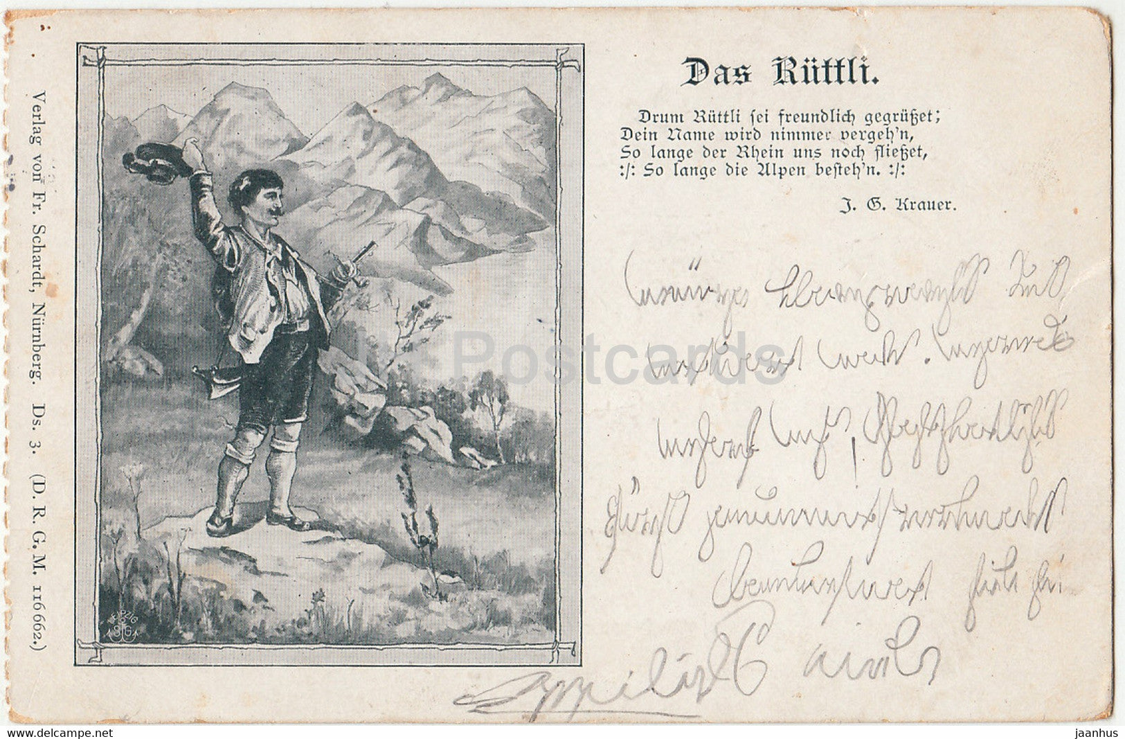 Das Ruttli - hunter - illustration - Fr Schardt - Ds 3 - D R G M - old postcard - used - JH Postcards