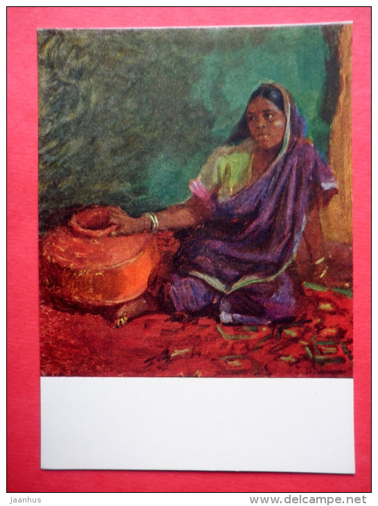 painting by Konstantin Finogenov - Water Carrier - woman - russian art - unused - JH Postcards