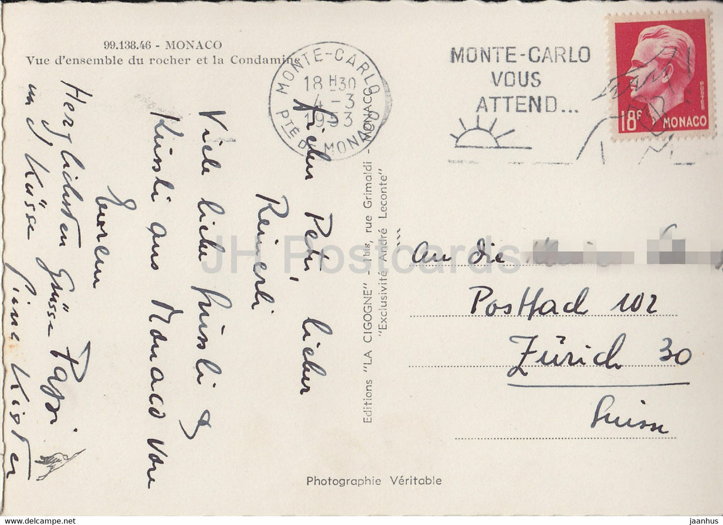 Vue d'ensemble du rocher et la Condamine - old postcard - 1953 - Monaco - used