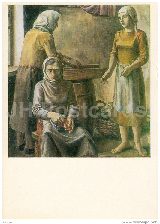 painting by E. Belogurov - Cabbage shredder , 1978 - working woman - Russian Art - 1982 - Russia USSR - unused - JH Postcards