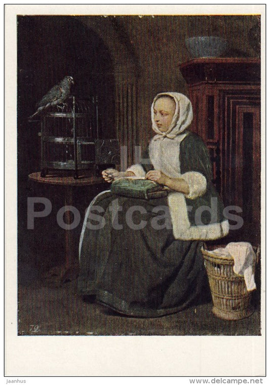 painting by Gabriel Metsu - Girl at Work - birdcage - parrot - Dutch Art - 1963 - Russia USSR - unused - JH Postcards