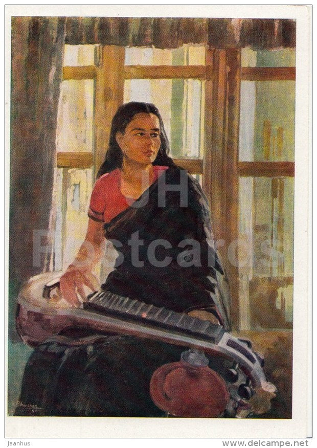 painting by Bhushan - 1 - Last Melody - music instrument , sitar - woman - contemporary art - art of india - unused - JH Postcards