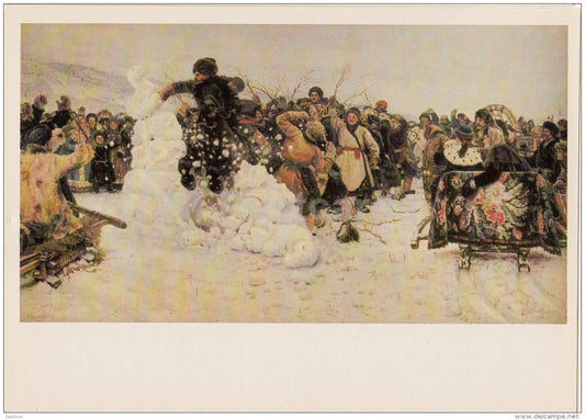 painting by V. Surikov -  Battle for a snowy town , 1891 - children playing - Russian art - 1984 - Russia USSR - unused - JH Postcards