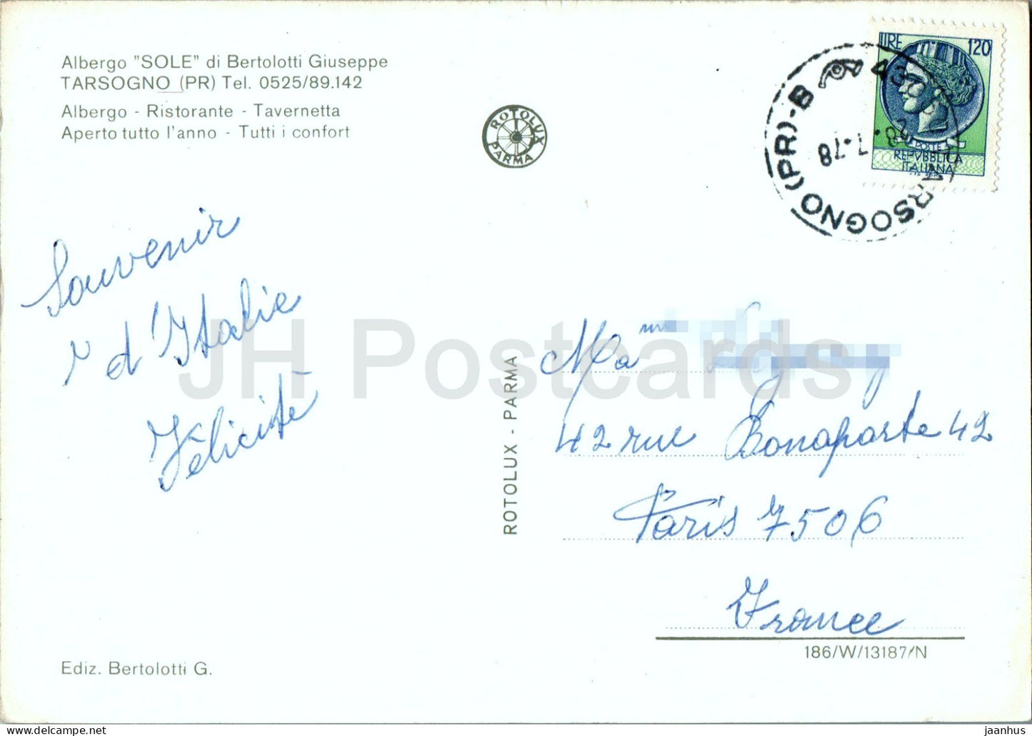 Albergo Sole di Bertolotti Giuseppe - Tarsogno - restaurant - taverne - 1978 - Italie - utilisé 