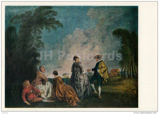 painting by Antoine Watteau - An Embarrassing Proposal - French Art - 1970 - Russia USSR - unused - JH Postcards