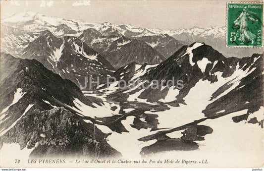 Les Pyrenees - Le Lac d'Oncet et la Chaine vus du Pic du Midi de Bigorre - 72 - old postcard - 1914 - France - used - JH Postcards