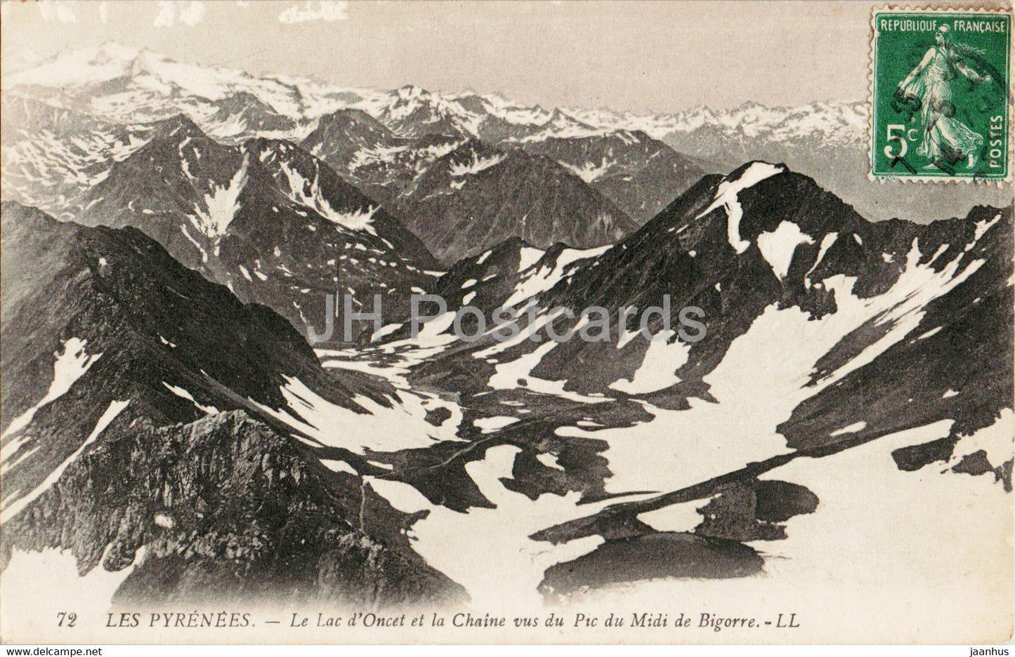Les Pyrenees - Le Lac d'Oncet et la Chaine vus du Pic du Midi de Bigorre - 72 - old postcard - 1914 - France - used - JH Postcards