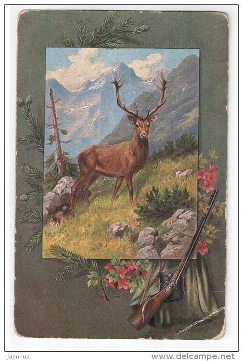 Deer - hunting rifle - mountains - Serie 9003 - old postcard - circulated in Tsarist Russia - used - JH Postcards