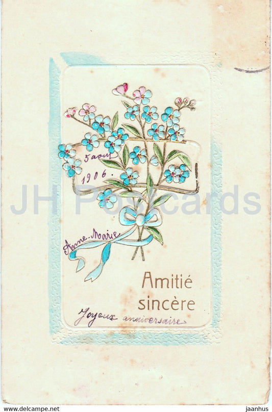 Greeting Card - Amitie Sincere - flowers - illustration - old postcard - 1906 - France - used - JH Postcards