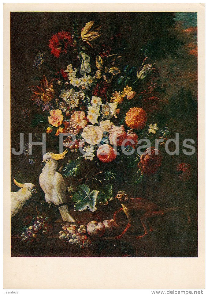 painting by Abraham Mignon - Still Life Cockatoo - birds - flowers - monkey - Dutch art - 1980 - Russia USSR - unused - JH Postcards