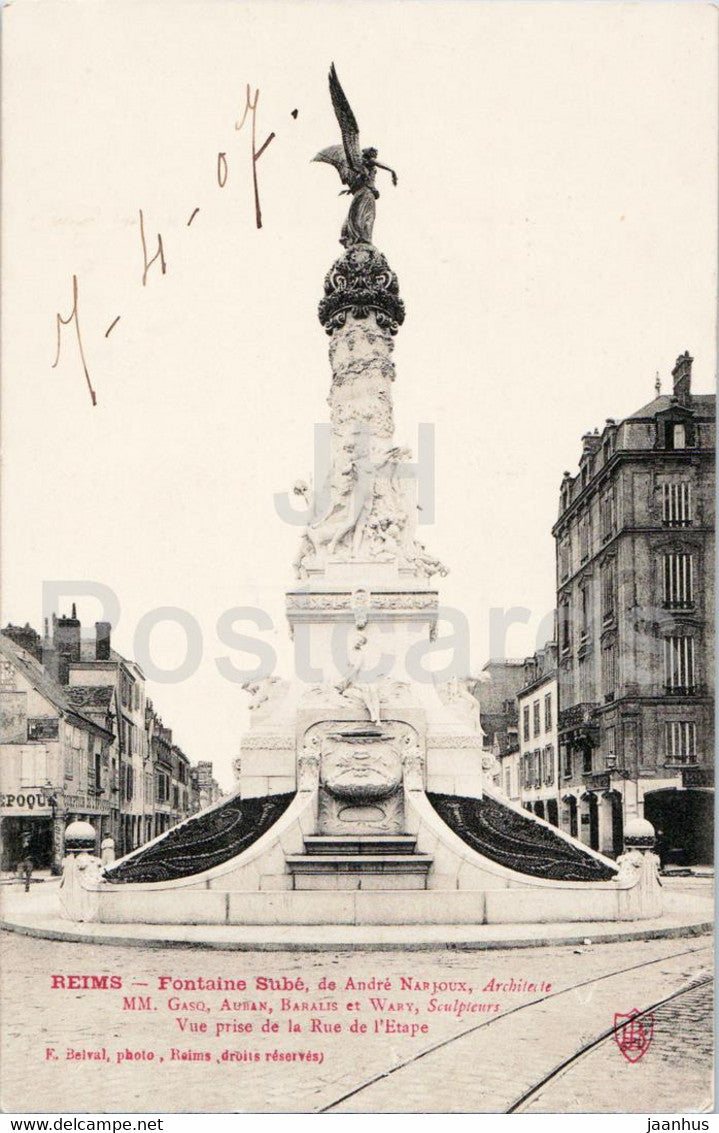 Reims - Fontaine Sube - Vue prise de la Rue de l'Etape - fountain - old postcard - 1907 - France - used - JH Postcards