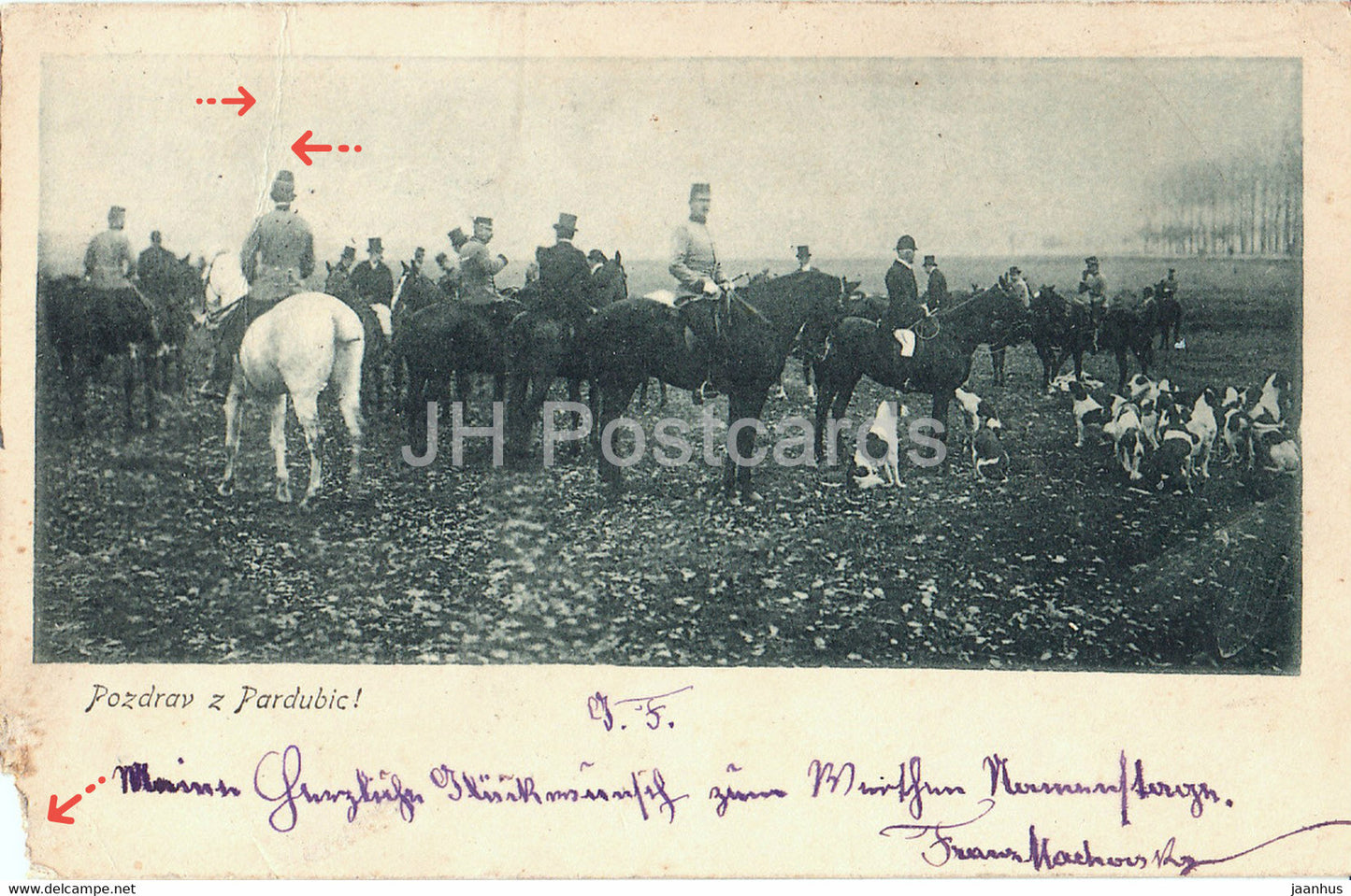 Pzdrav z Pardubic - Pardubice - hunt - horse - dog - - 1898 -old postcard - Czech Republic - used - JH Postcards