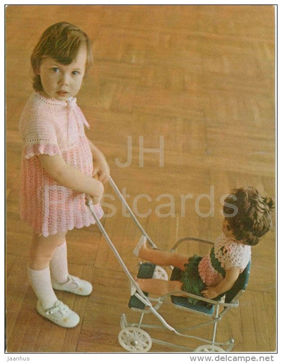 Dress raglan - pram - doll - girl - knitting - children's fashion - large format card - 1985 - Russia USSR - unused - JH Postcards