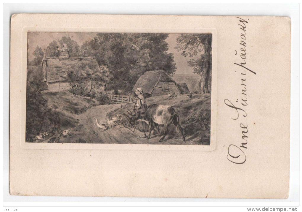 farm - herd girl - old postcard - circulated in Tsarist Russia , Estonia - used - JH Postcards