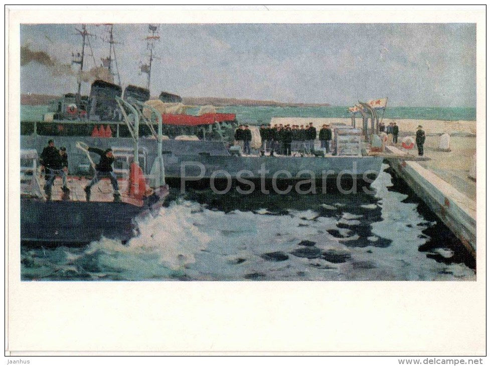 painting by K. Molteninov - Moored Trawler - Navy - russian art - unused - JH Postcards