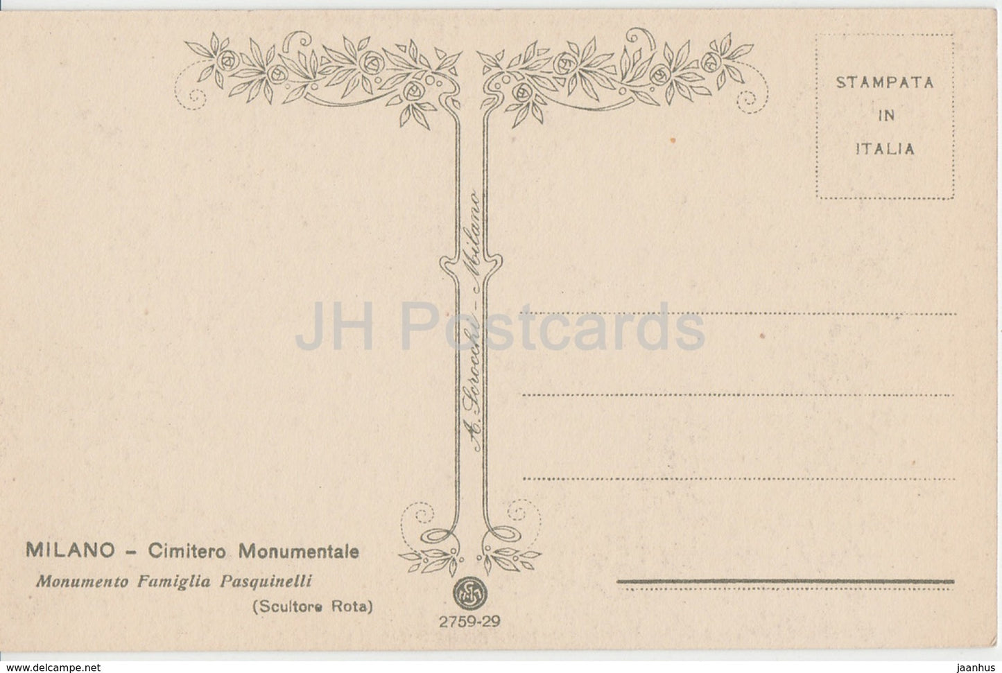 Milano - Milan - Cimitero Monumentale - Monumento Famiglia Pasquinelli - cemetery - old postcard - Italy - unused