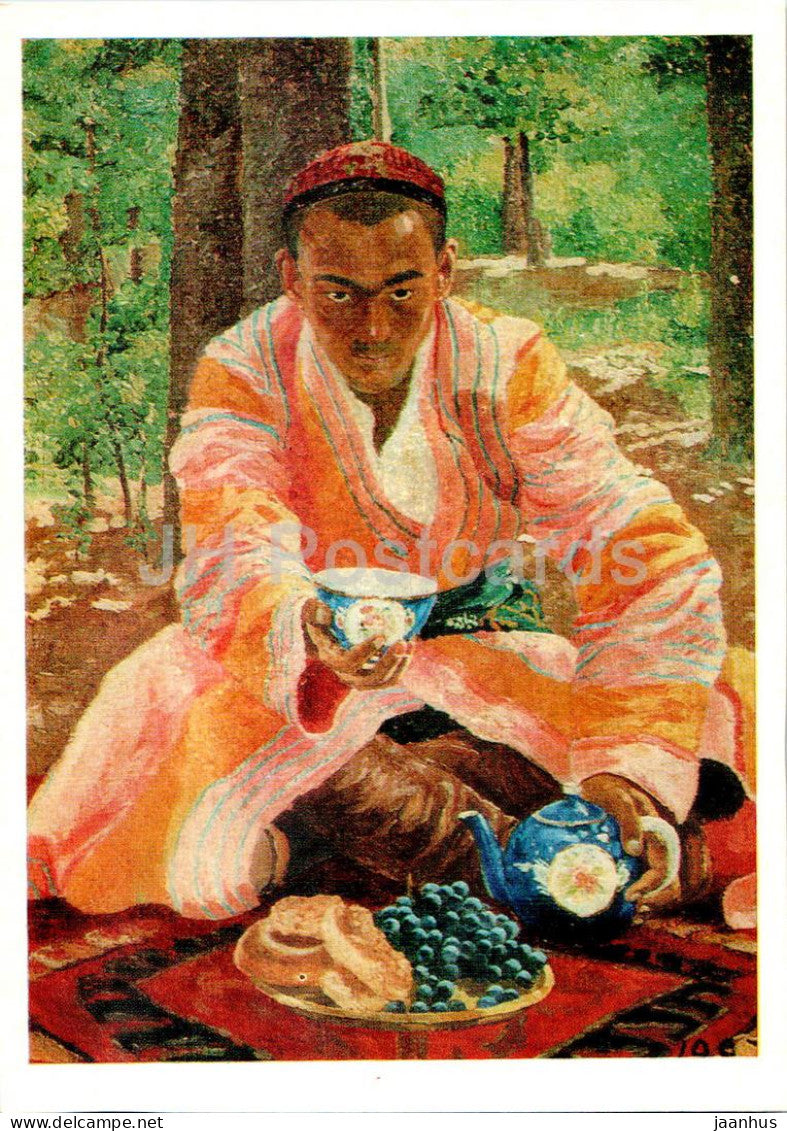 painting by U. Tansykbayev - Portrait of Tashkenbayev - folk costume tea - Uzbekistan art - 1975 - Russia USSR - unused - JH Postcards