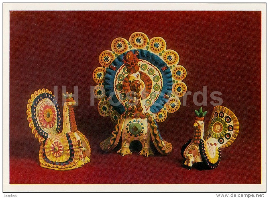 Toys Turkey-Hen and Her Little One , 1964 by Zinaida Bezdenezhnykh - Russian Folk Art - 1984 - Russia USSR - unused - JH Postcards