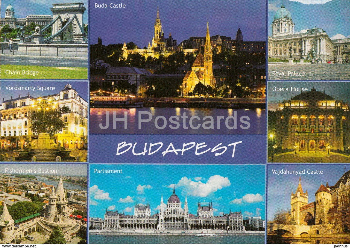 Greetings from Budapest - Buda Castle - Chain Bridge - Royal Palace - Opera House - architecture - 2002 - Hungary - used - JH Postcards