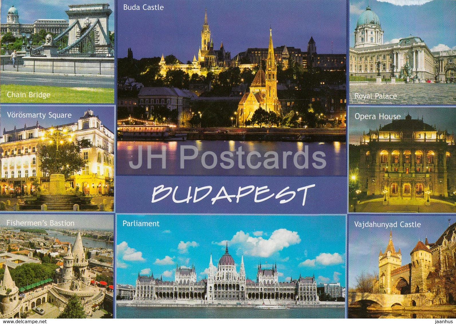 Greetings from Budapest - Buda Castle - Chain Bridge - Royal Palace - Opera House - architecture - 2002 - Hungary - used - JH Postcards