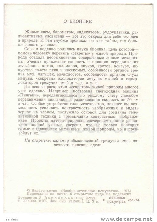 Adelie penguin - Horseshoe crab - rattlesnake - squid - Bionics - 1974 - Russia USSR - unused - JH Postcards