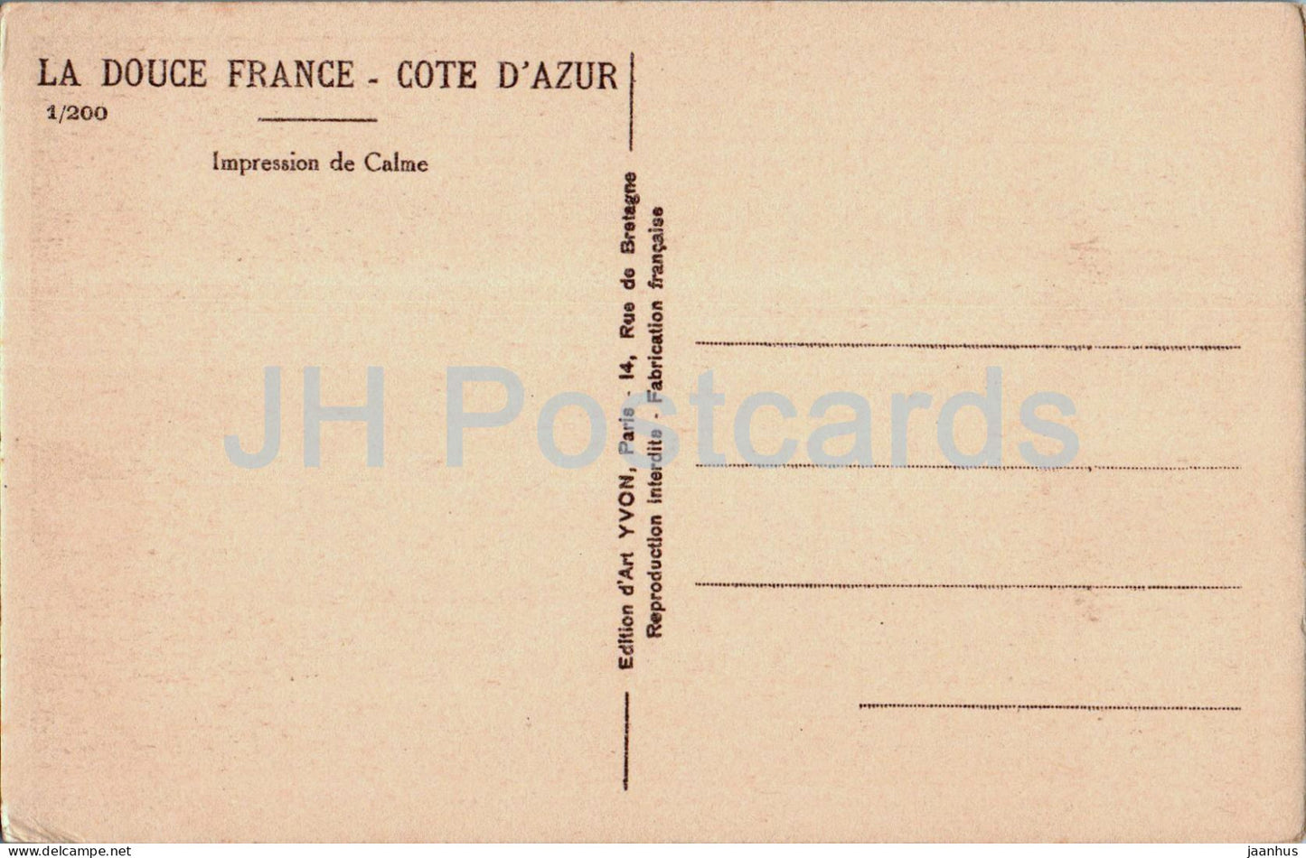 Impression de Calme - La Douce France - Côte d'Azur - carte postale ancienne - France - inutilisée 