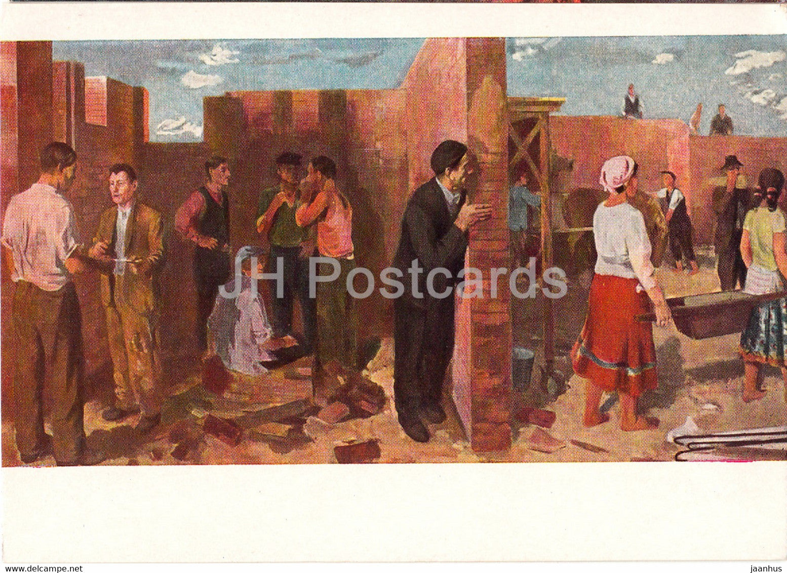 painting by A. Bernath - The Beginning of the Labor Movement in the Construction Industry - 1 - hungarian art - unused - JH Postcards