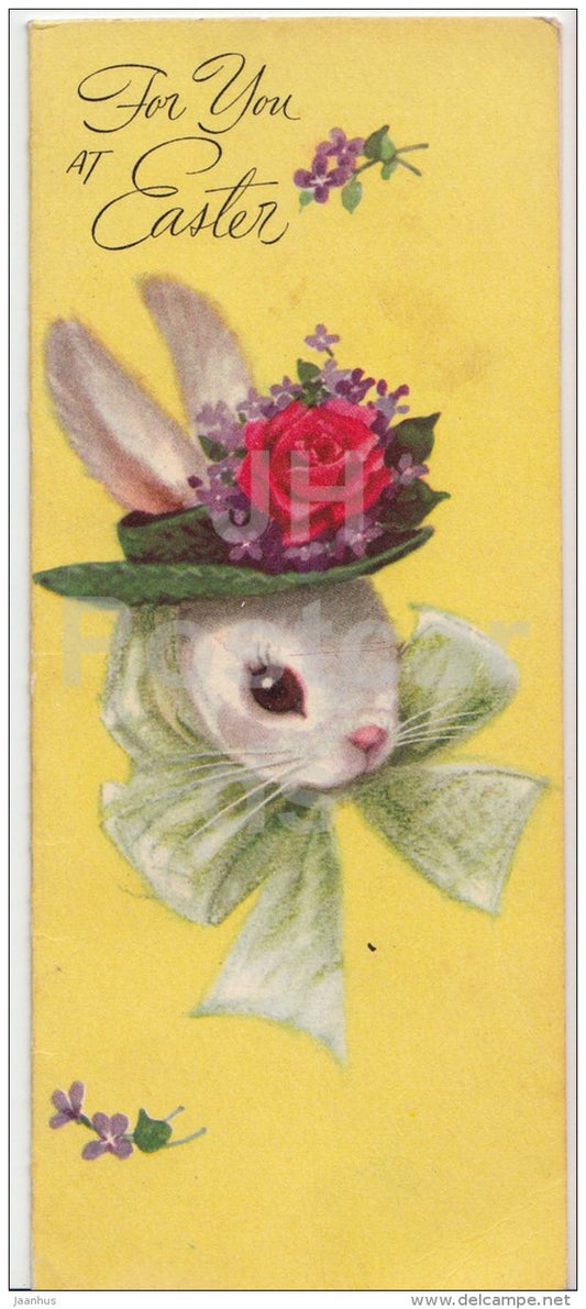 Easter Greeting Card - hare - hat - England - used in 1958 - JH Postcards