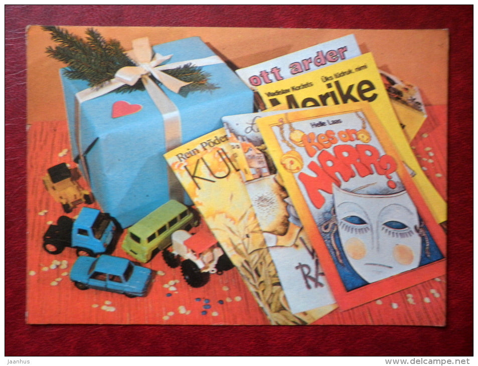 New Year Greeting card - gifts - model cars - books - 1984 - Estonia USSR - used - JH Postcards