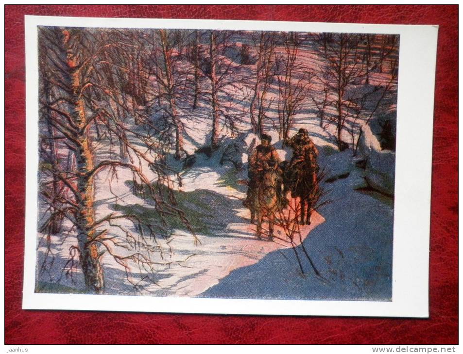 Engraving by I. A. Sokolov - on the scout , 1943 - russian art - unused - JH Postcards