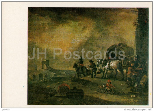 painting by Philips Wouwerman - Travelers on the road - horse - Dutch art - Russia USSR - 1984 - unused - JH Postcards