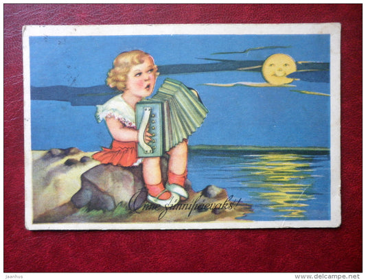 Birthday Greeting Card - girl with accordion - circulated in Estonia 1937 , Tartu - used - JH Postcards