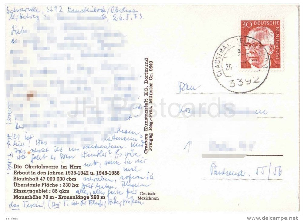 Die Okertalsperre im Harz - Germany - 1973 gelaufen - JH Postcards