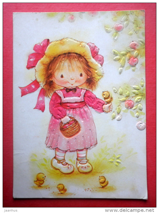 illustration - girl- chick - embossed - 4393/4 - Finland - sent from Finland to Estonia USSR 1983 - JH Postcards